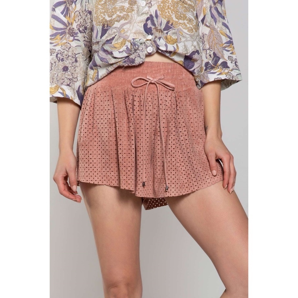 POL Dusty Pink Vegan Suede Smocked Waist Relaxed Fit Shorts - Picture 11 of 11